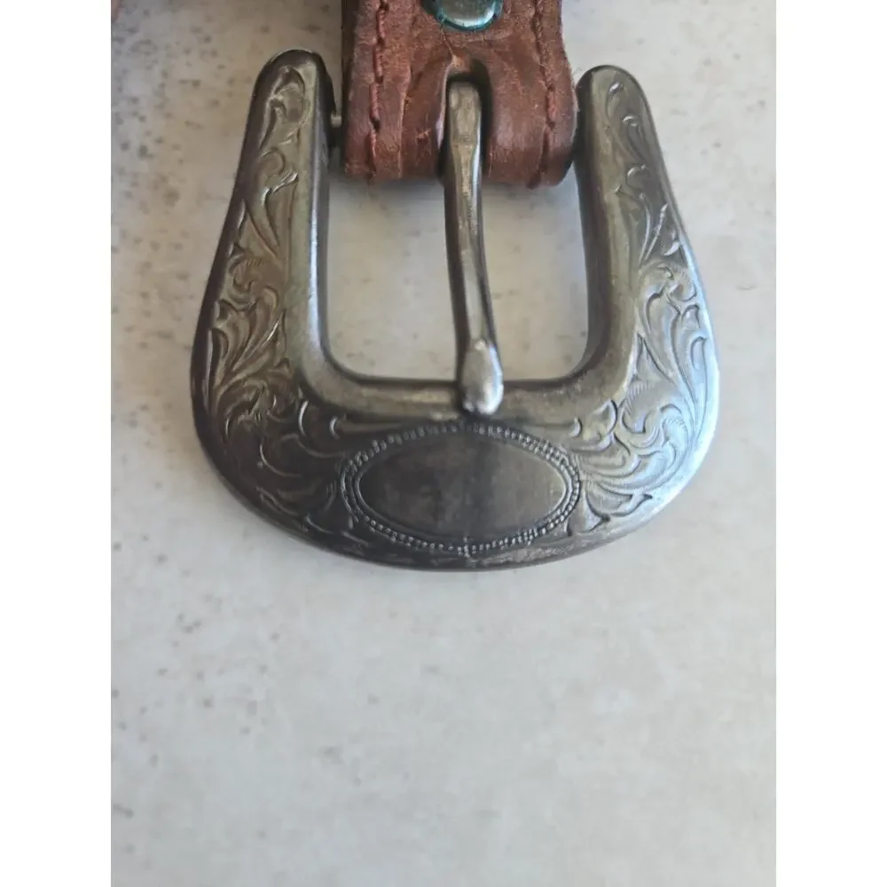 Leegin Western Tooled Leather Men’s Belt 34 Brown Silver Buckle